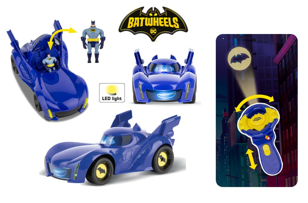 Blauer Batmobil Spielzeug mit Batman Figur. Enthält Fernbedienung, die ein Batman-Symbol projiziert.
