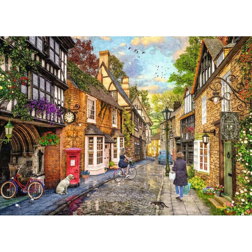 Une rue pavée avec des maisons à colombages, une femme à vélo et un chien.