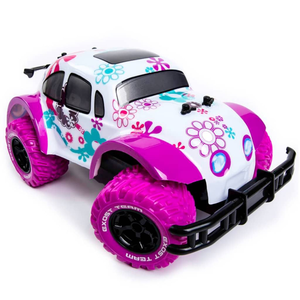 Ein weißes ferngesteuertes Auto mit pinken Blumen und pinken Rädern.