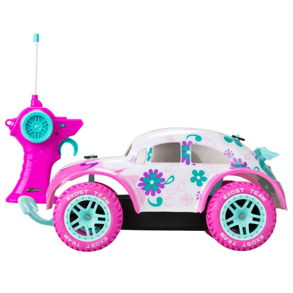 Ein weißes ferngesteuertes Auto mit rosa und türkisfarbenen Blumen und ein pinker Controller.