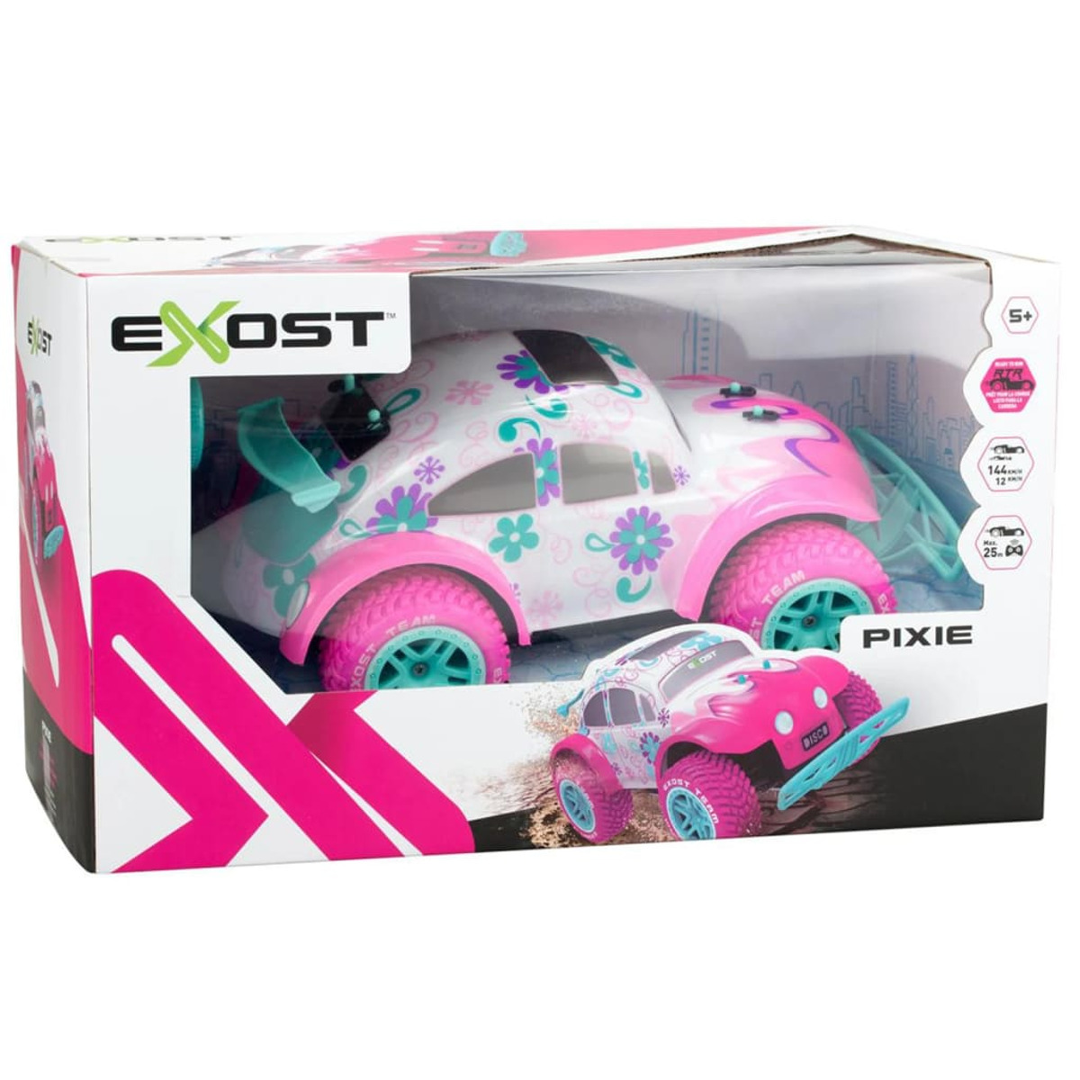 Verpackung eines pink-weißen Spielzeugautos mit Blumenmuster und türkisfarbenen Akzenten.