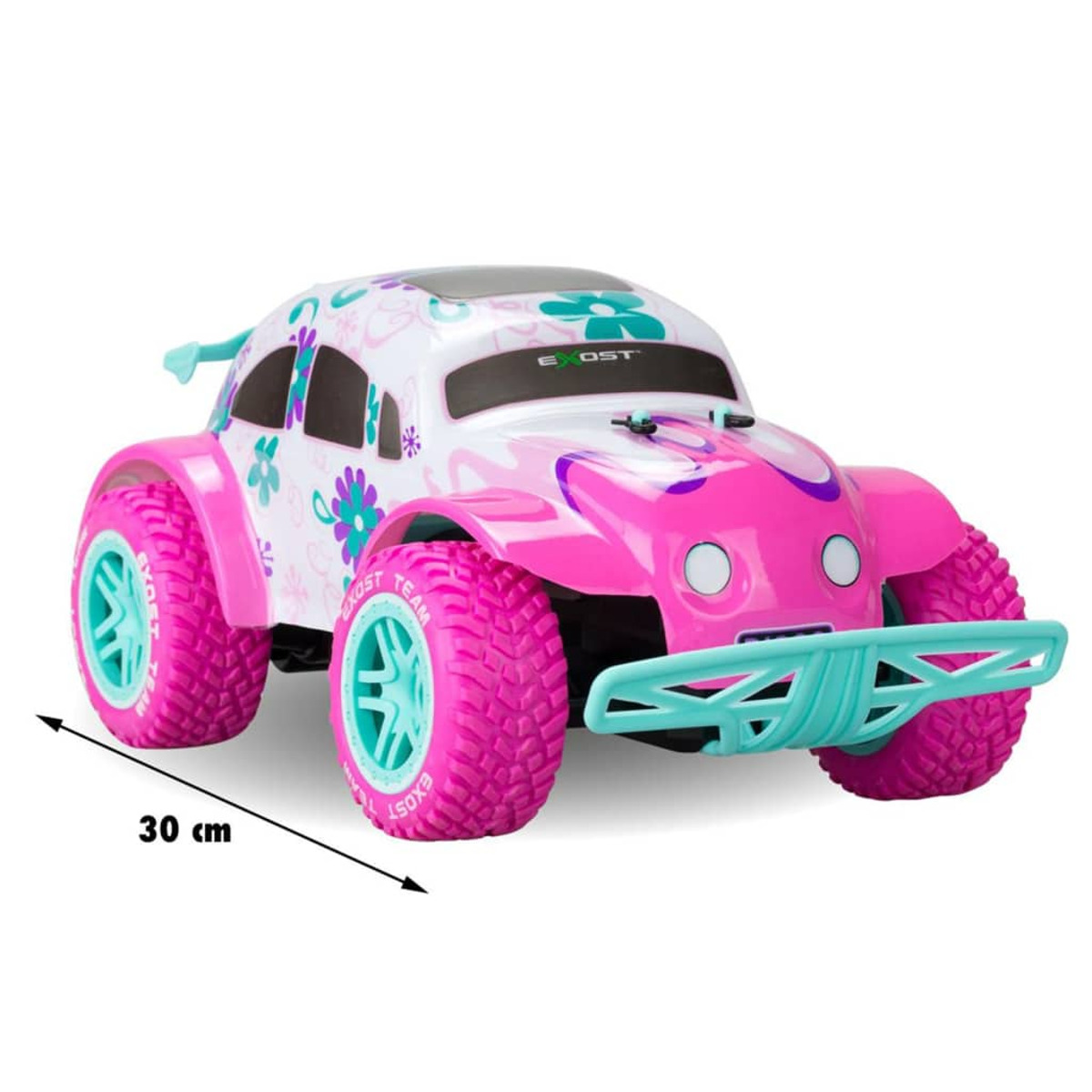 Pinkes Spielzeugauto mit Blumenmuster, türkisen Akzenten und großen Reifen. 30 cm Skala gezeigt.