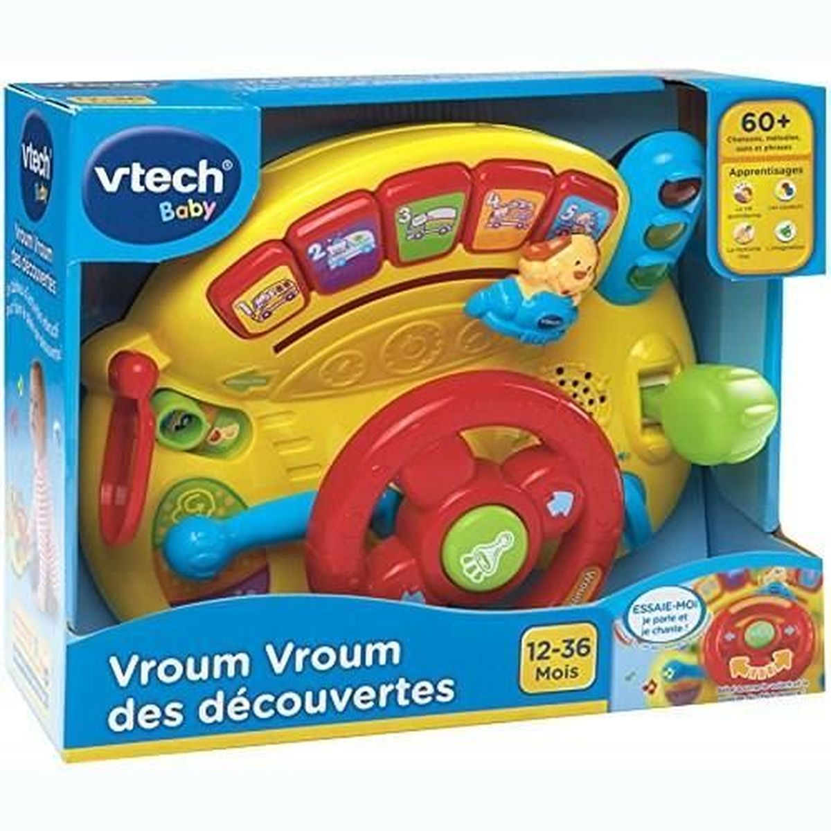 Ein gelbes Vtech Baby Lenkrad-Spielzeug mit bunten Knöpfen und einem kleinen Fahrer.