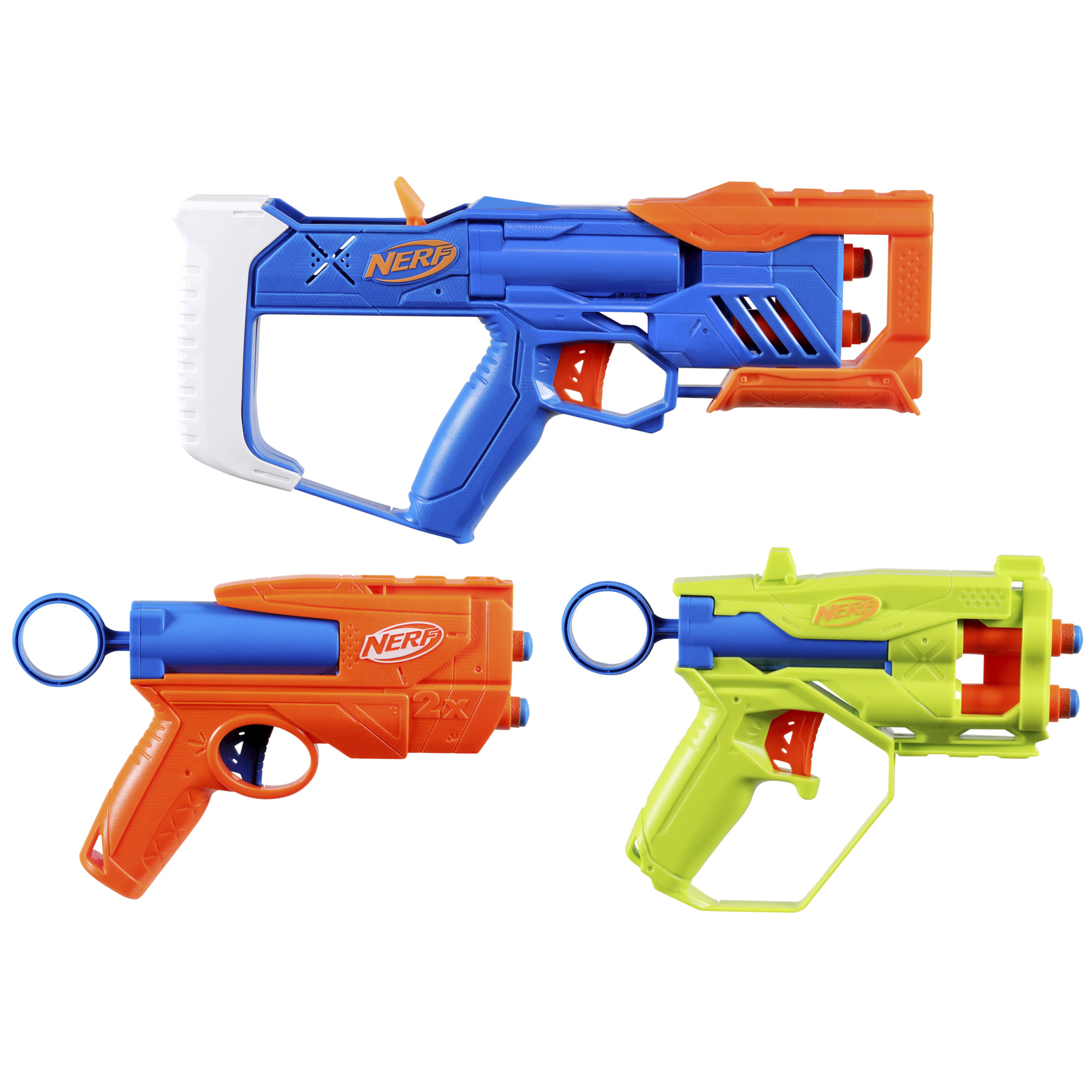 Drei Nerf-Spielzeugpistolen in Blau, Orange und Grün mit weißen Akzenten.
