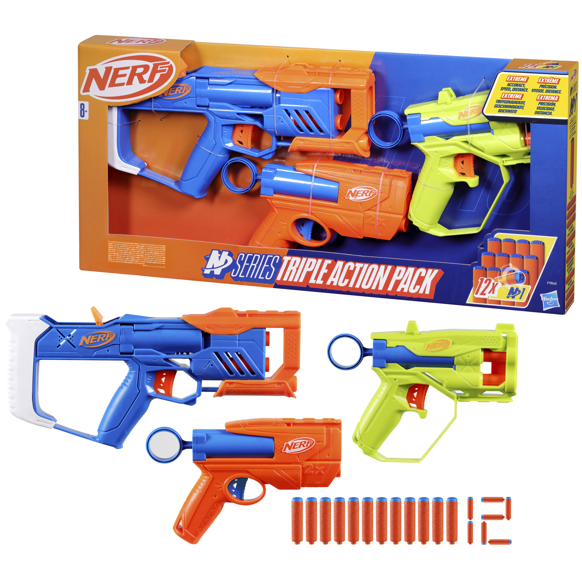 Nerf Triple Action Pack mit drei Blastern und Darts in Orange, Blau und Grün.