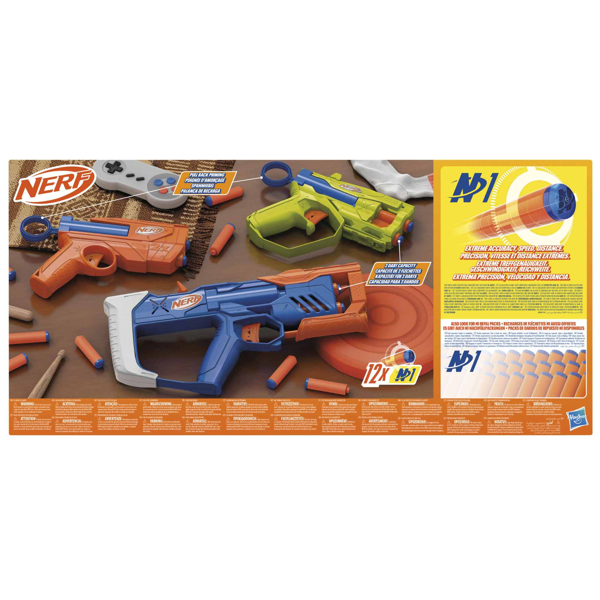 Nerf-Spielzeugwaffen und Darts auf einem Tisch, mit Text.