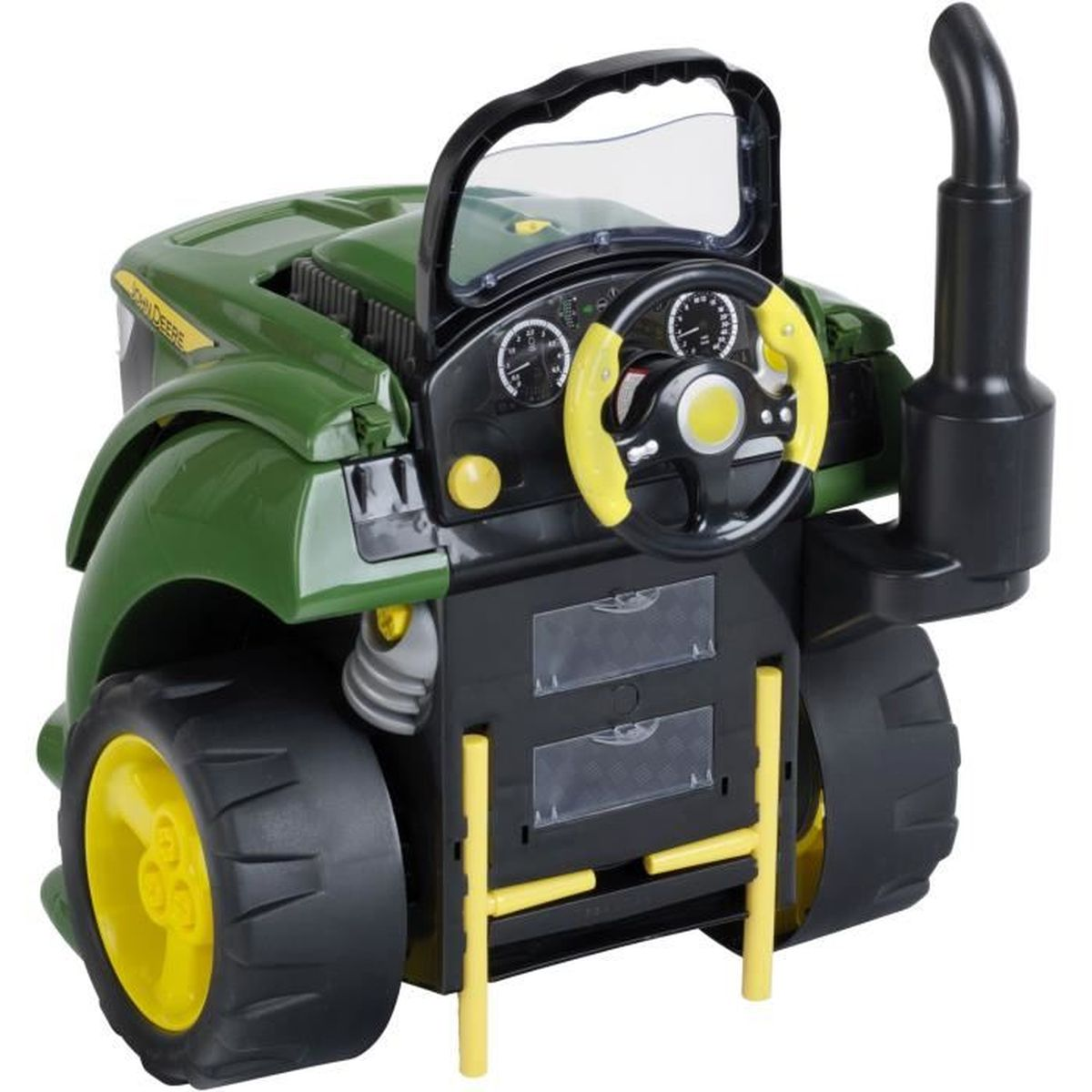 Tractor de juguete verde con ruedas y volante amarillos.