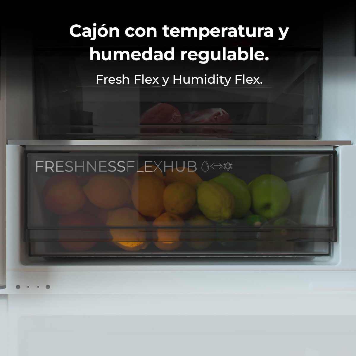 Cassetto superiore con carne cruda. Cassetto inferiore con frutta come arance e limoni.