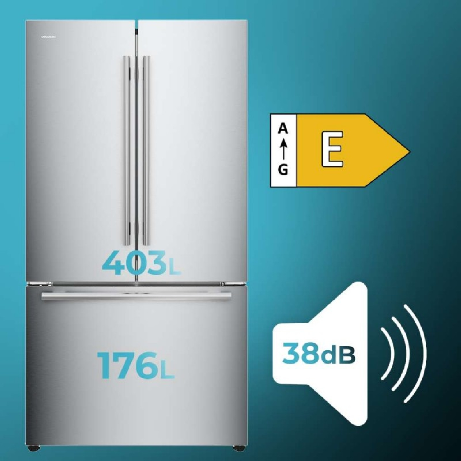 Un refrigerador plateado de 403L y 176L, eficiencia energética E, nivel de ruido 38dB.