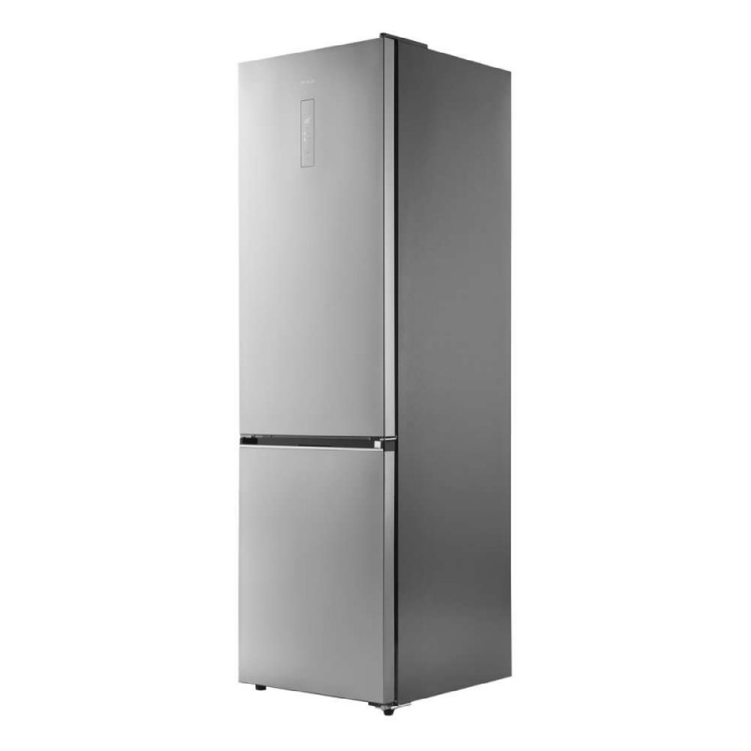 Un frigorifero argentato ed elegante a due porte con display digitale.