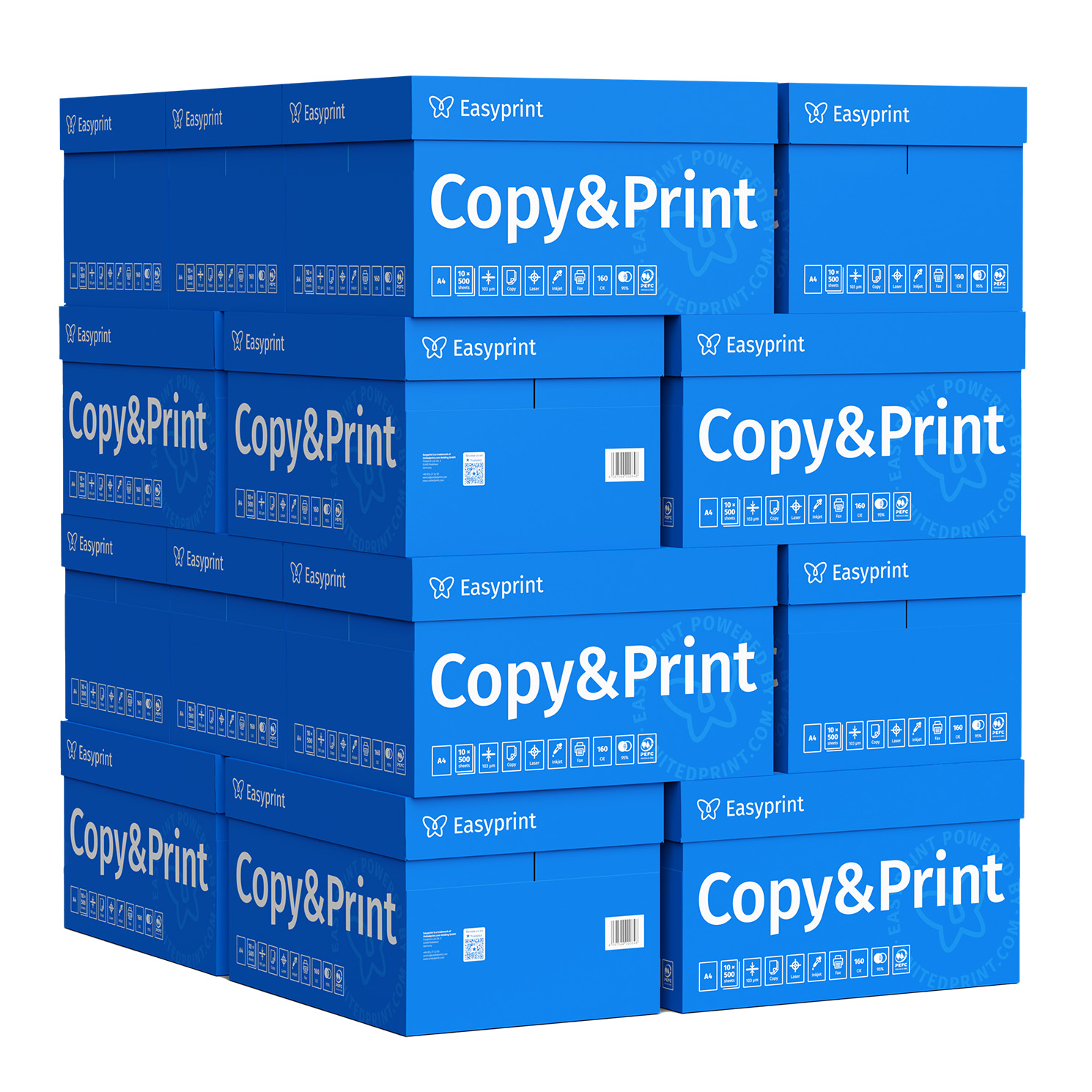 Pila de cajas azules de papel de copia Easyprint, algunas con iconos y texto.