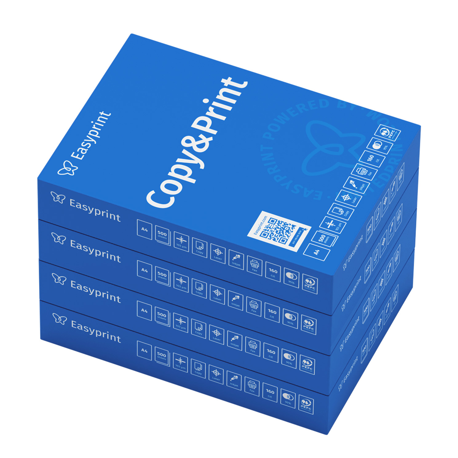 Una pila de resmas de papel azules con la etiqueta Easyprint Copy&Print.