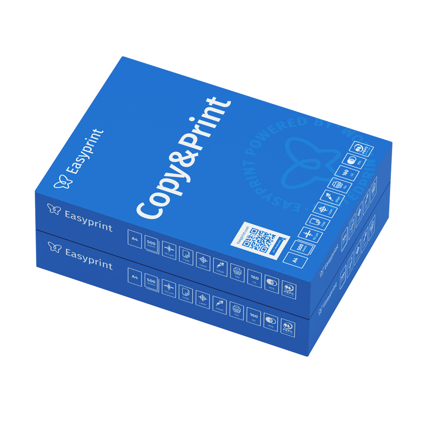 Dos paquetes azules de papel de copia Easyprint uno al lado del otro, con detalles impresos.