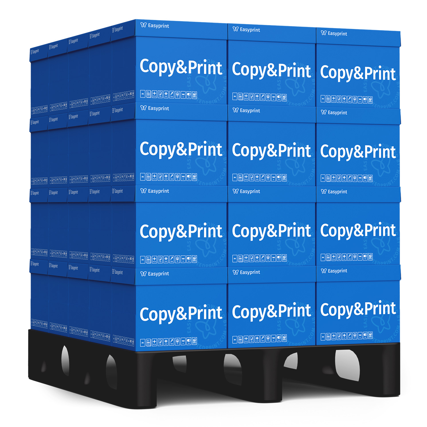 Pila de paletas azules con cajas de papel de 'Copy&Print'.