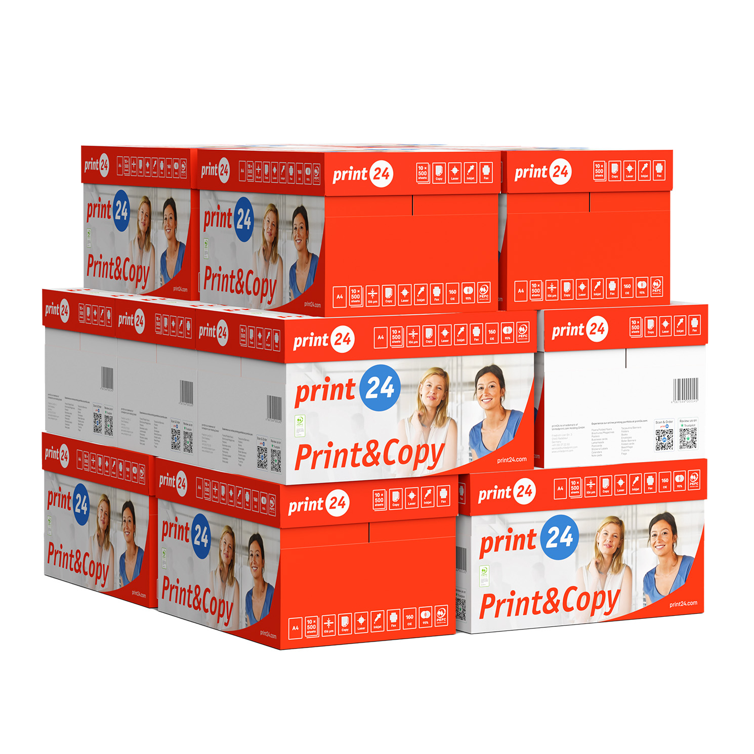 Pilas de resmas de papel Print&Copy con imágenes de mujeres e información del producto.