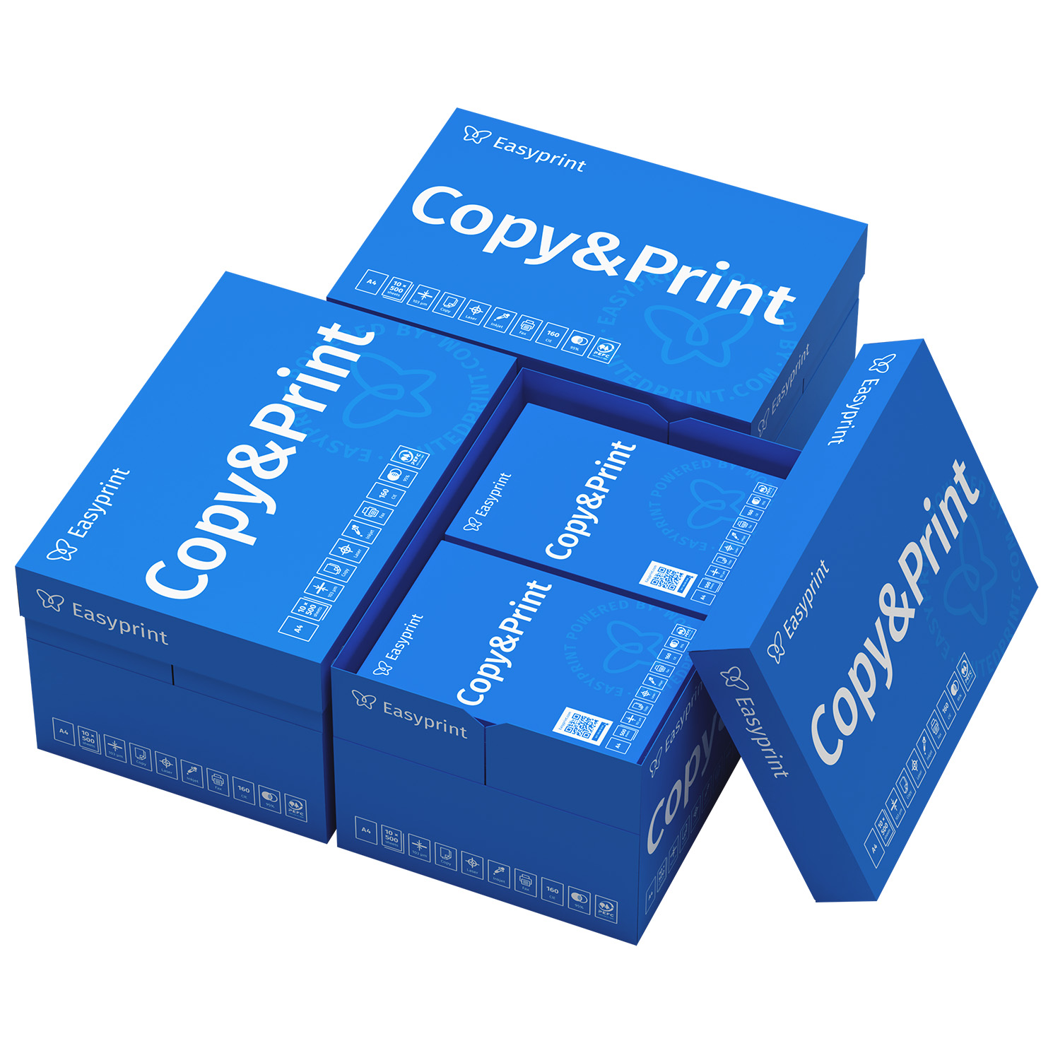 Varias cajas azules "Copy&Print" de Easyprint apiladas y dispuestas.