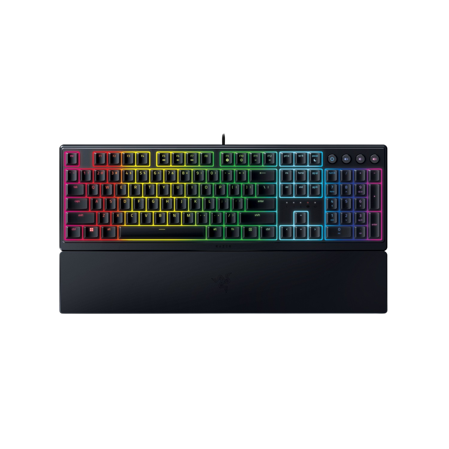 Un teclado gamer negro con iluminación RGB y reposamuñecas.