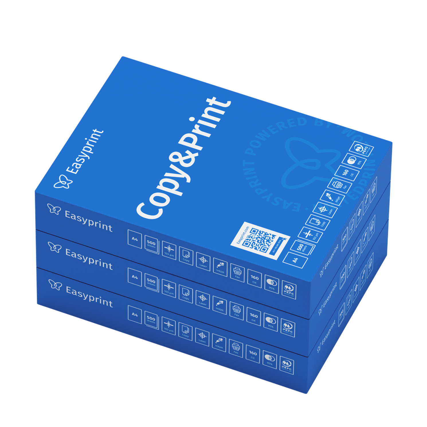 Tres paquetes azules de papel de copia Easyprint apilados. Con impresión.