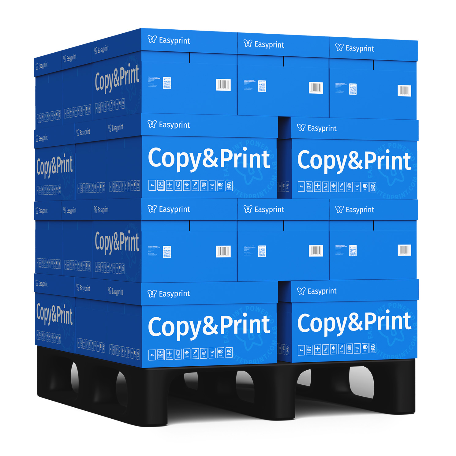 Pila de cajas azules de papel Copy&Print sobre un palé negro.