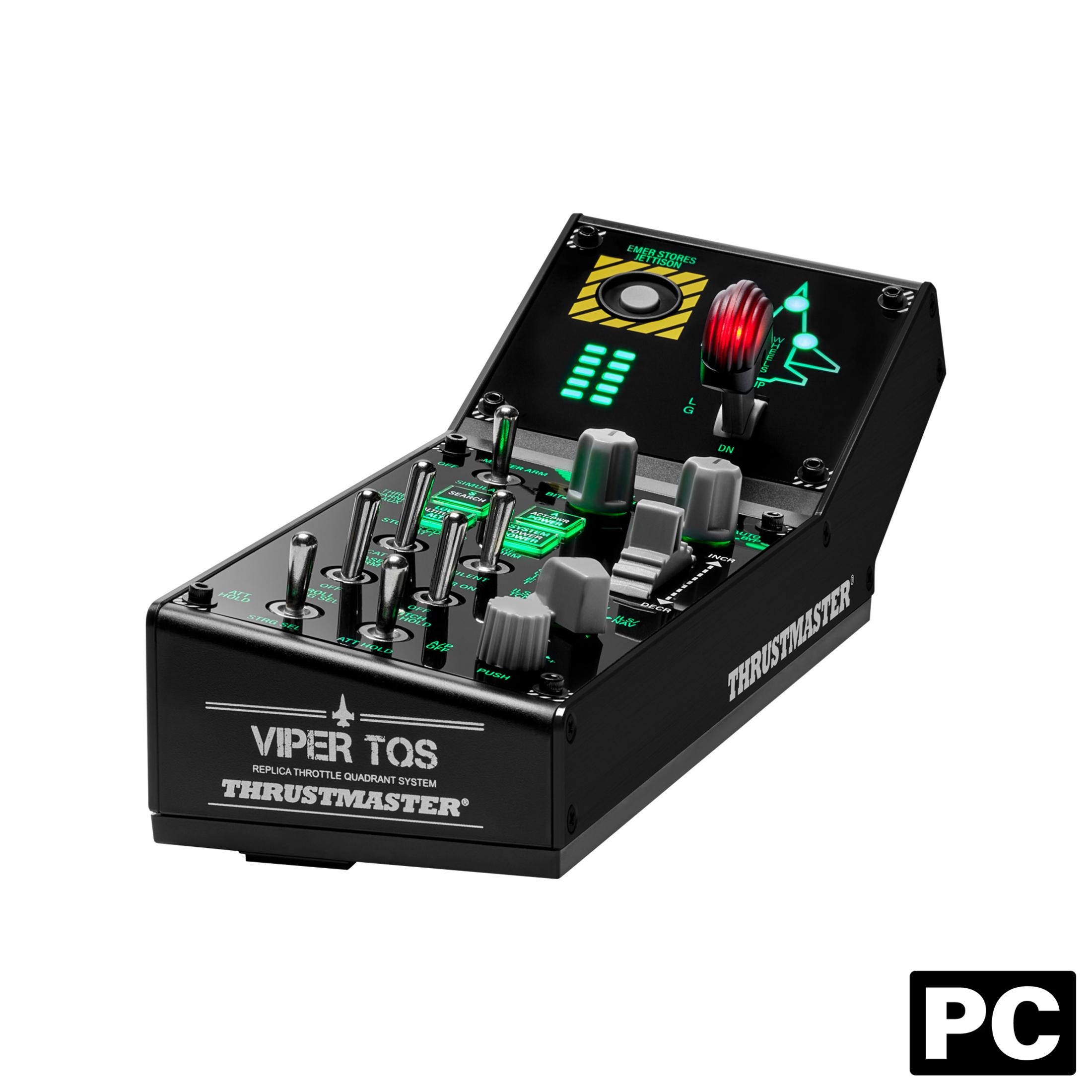 Czarny Thrustmaster Viper HOTAS z zielonymi i czerwonymi światłami, przełącznikami i gałkami.