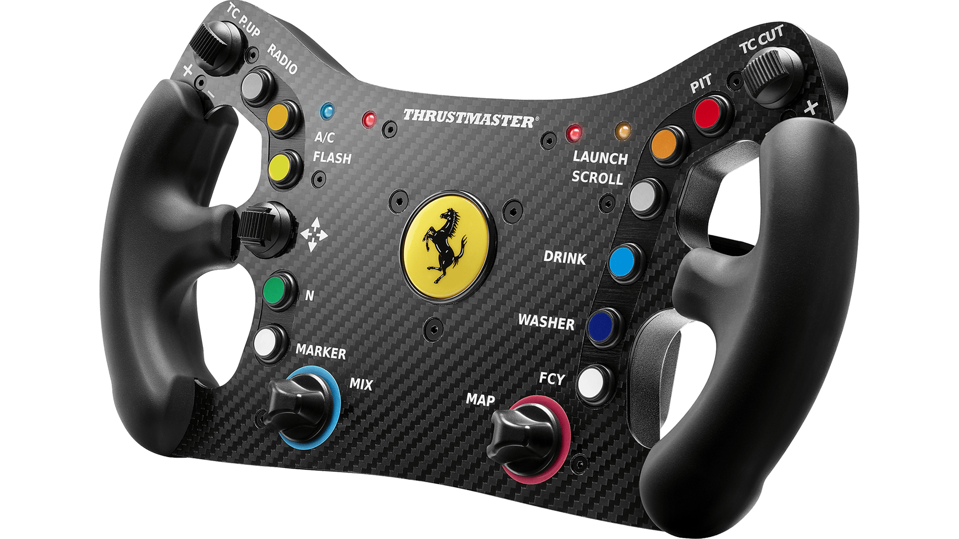 Un volante de carreras negro de fibra de carbono con logo Ferrari y botones.