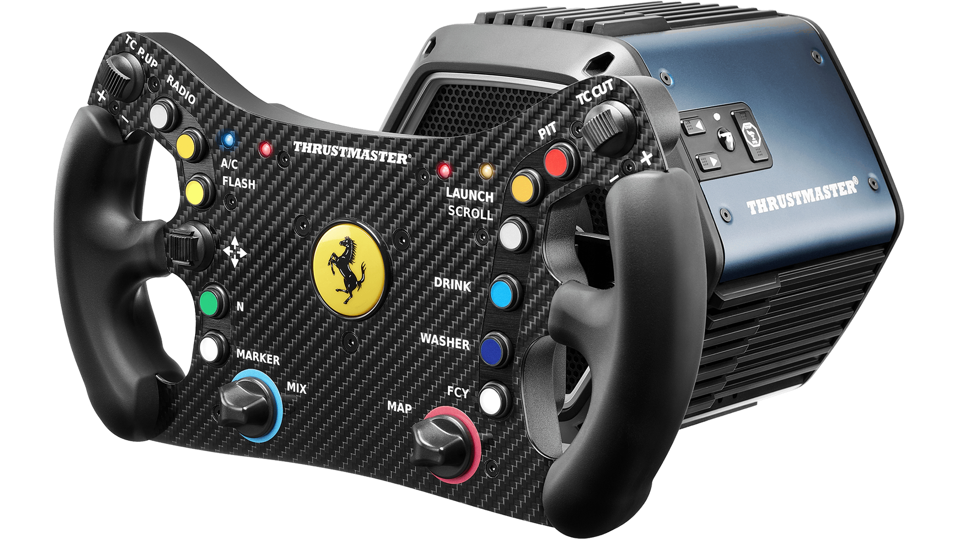 Un volante de carreras de fibra de carbono negro con logo Ferrari y botones.