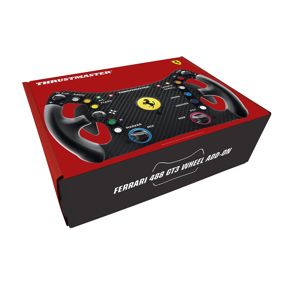 Volante Ferrari 488 GT3 Add-On en caja negra y roja con logo Thrustmaster.