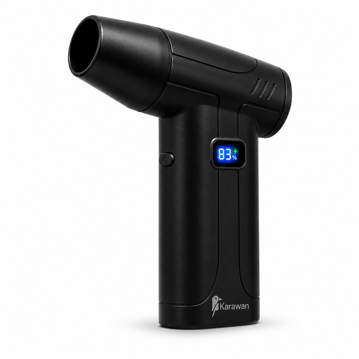 Pistola de masaje ergonómica negra con pantalla digital (83%) y logo.