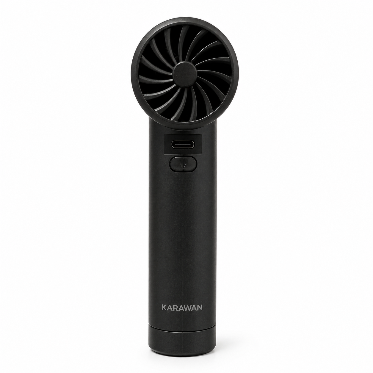 Un ventilador negro y portátil con puerto USB-C y logo KARAWAN.