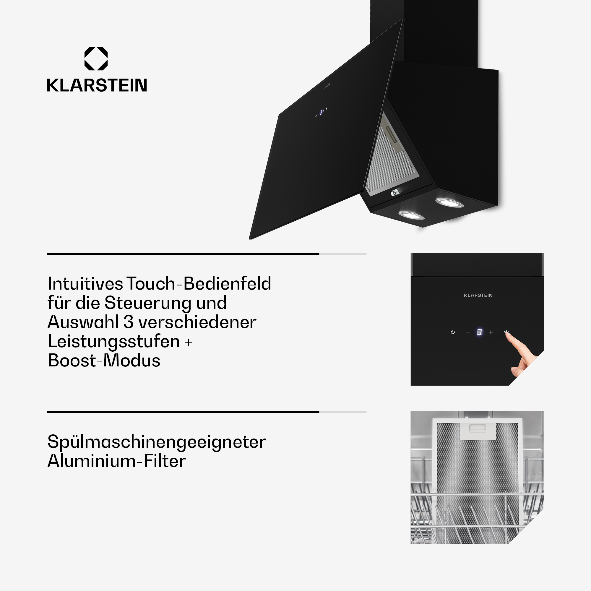 Schwarze Dunstabzugshaube mit Touch-Bedienfeld und Aluminium-Filter.