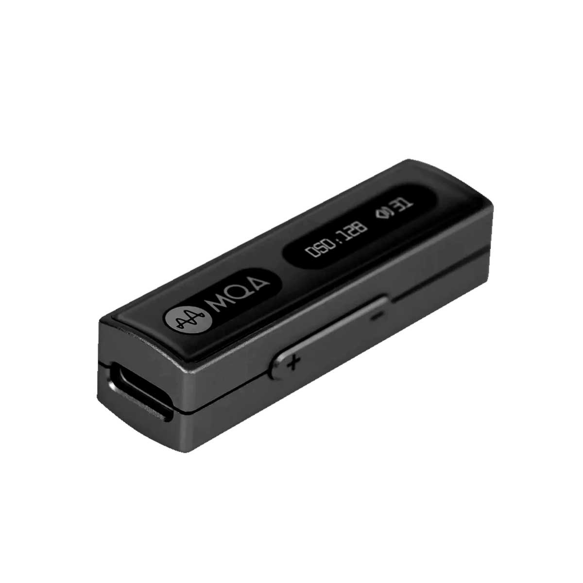 Un DAC MQA negro con puerto USB-C y una pequeña pantalla.
