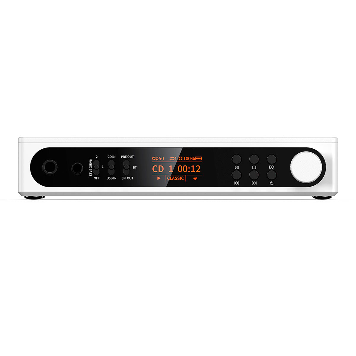 Dispositivo de audio blanco con pantalla digital que muestra volumen, información de pista y ajustes. Botones para reproducción y ecualizador.