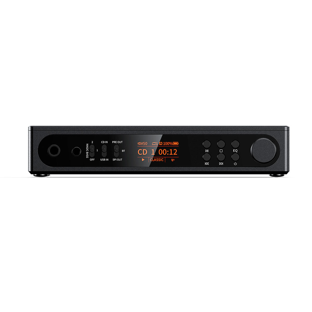 Receptor de audio negro con pantalla, botones y puertos.