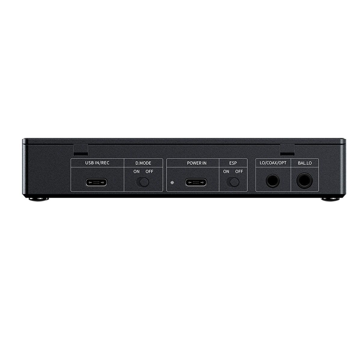 Parte trasera de un dispositivo negro con puertos: USB, D.Mode, Power, ESP, LO/COAX/OPT, BAL.LO.