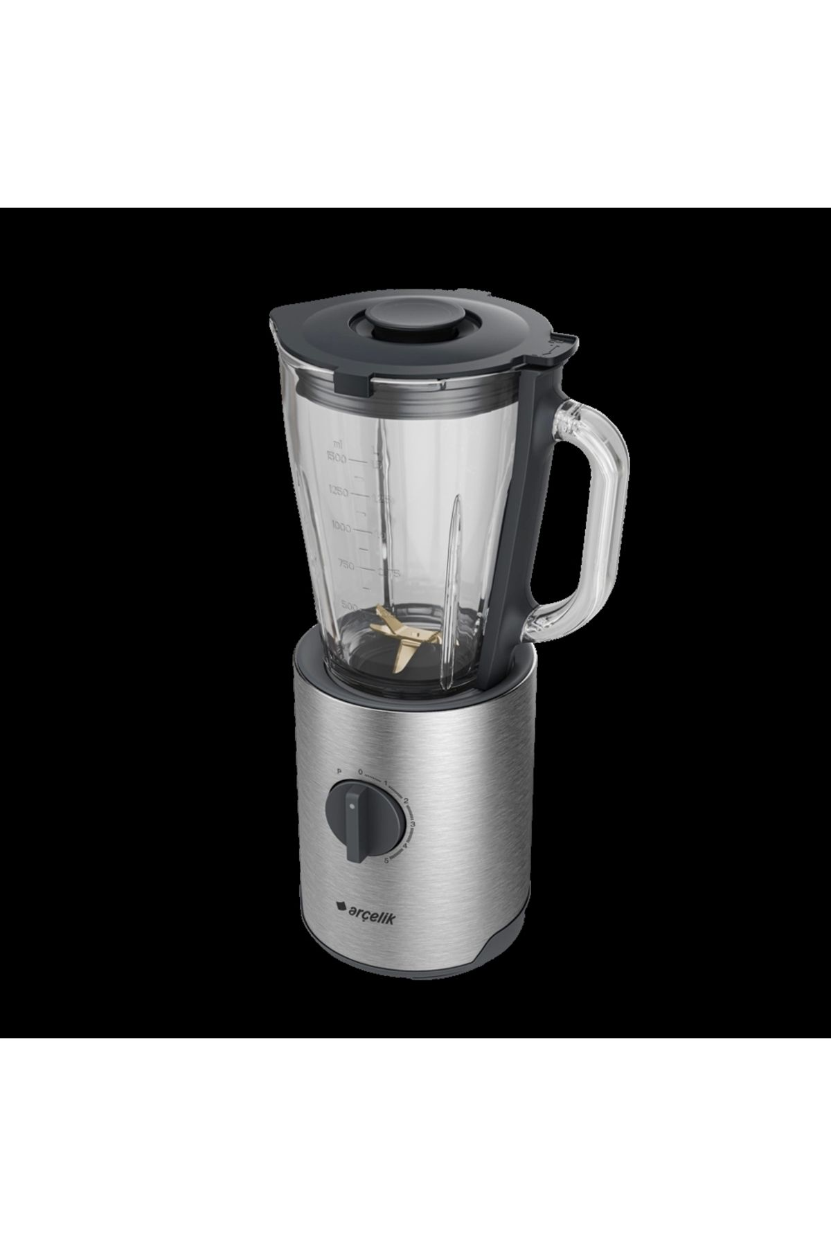 Gümüş rengi blender, cam hazne, siyah kapak ve kontrol düğmesi. Arcelik logosu.