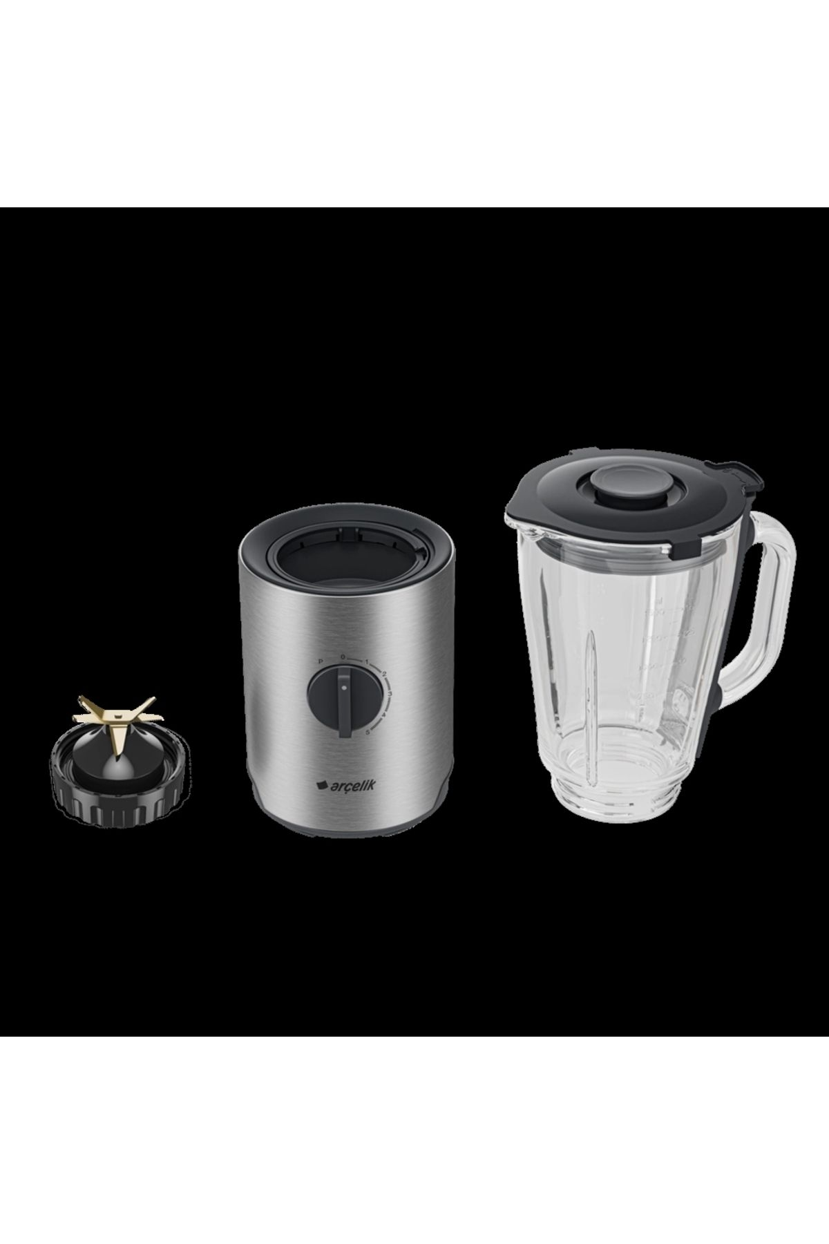 Gümüş blender tabanı, bıçak aparatı ve cam sürahi siyah arka plan üzerinde.
