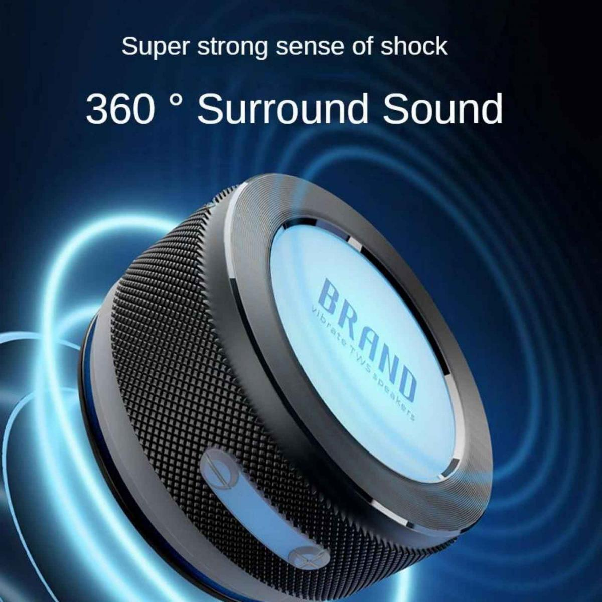 Schwarzer Lautsprecher mit 360-Grad-Surround-Sound und blauen Lichteffekten.