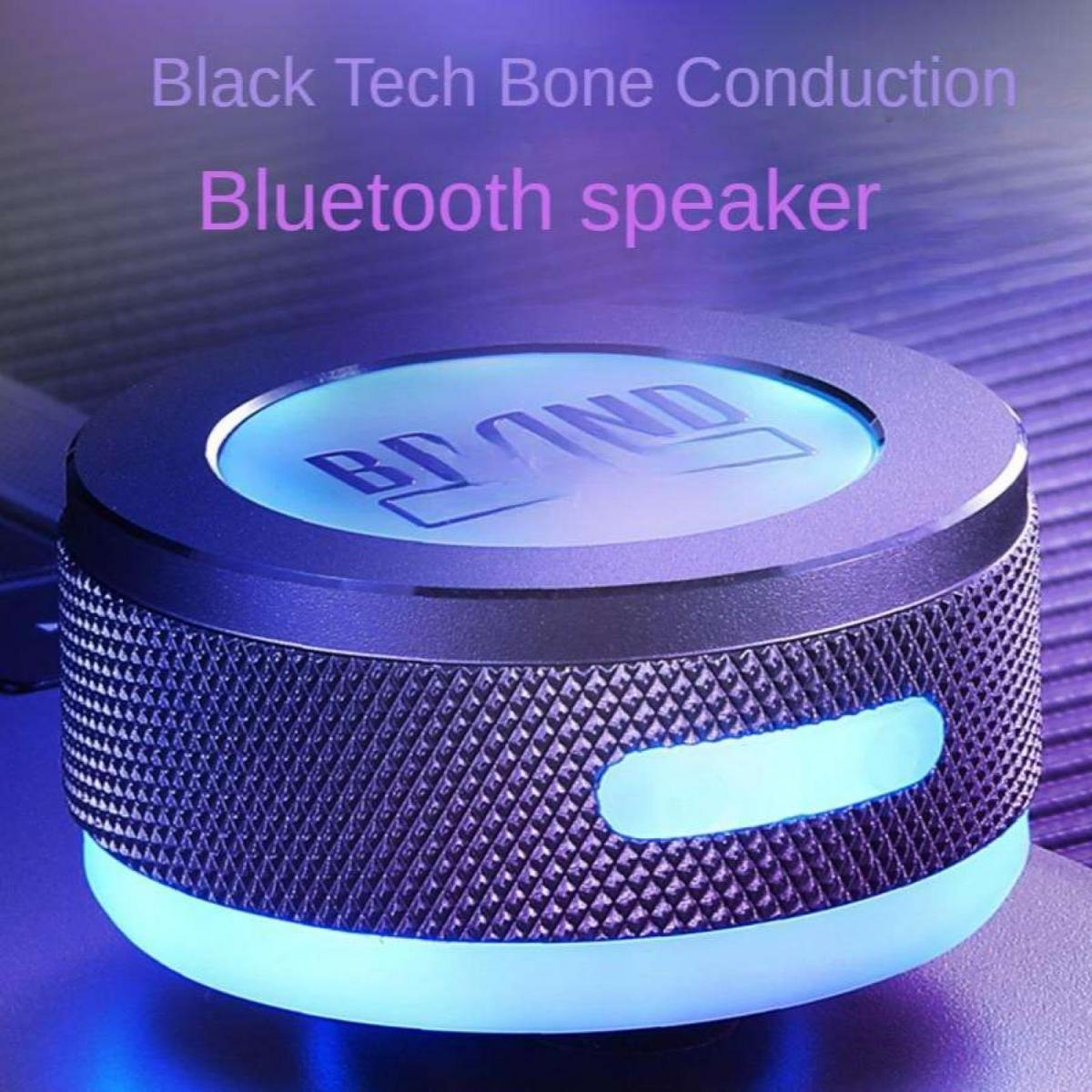 Ein runder, schwarzer Bluetooth-Lautsprecher mit leuchtend blauen Akzenten und Logo.
