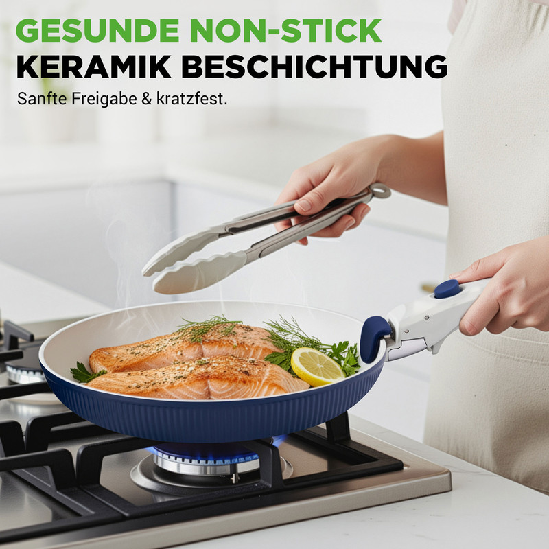 Lachsfilets werden in einer blauen Pfanne auf einem Gasherd mit Zange gebraten.
