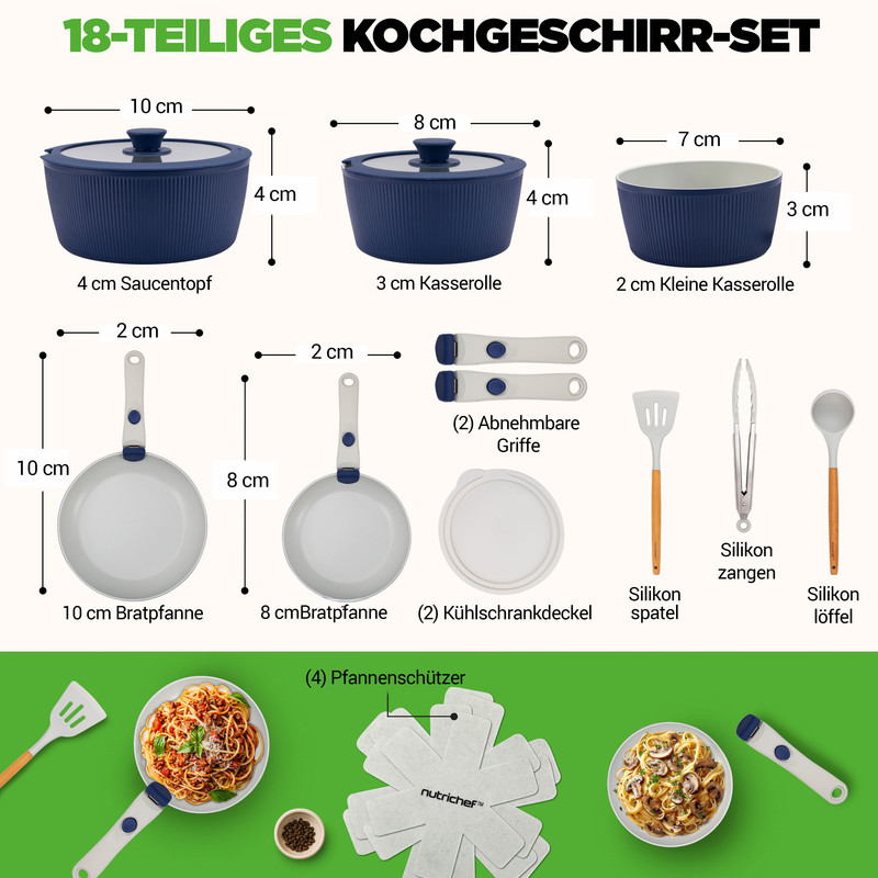 18-teiliges Kochgeschirr-Set mit Töpfen, Pfannen, Griffen, Zangen, Löffel und Deckeln.