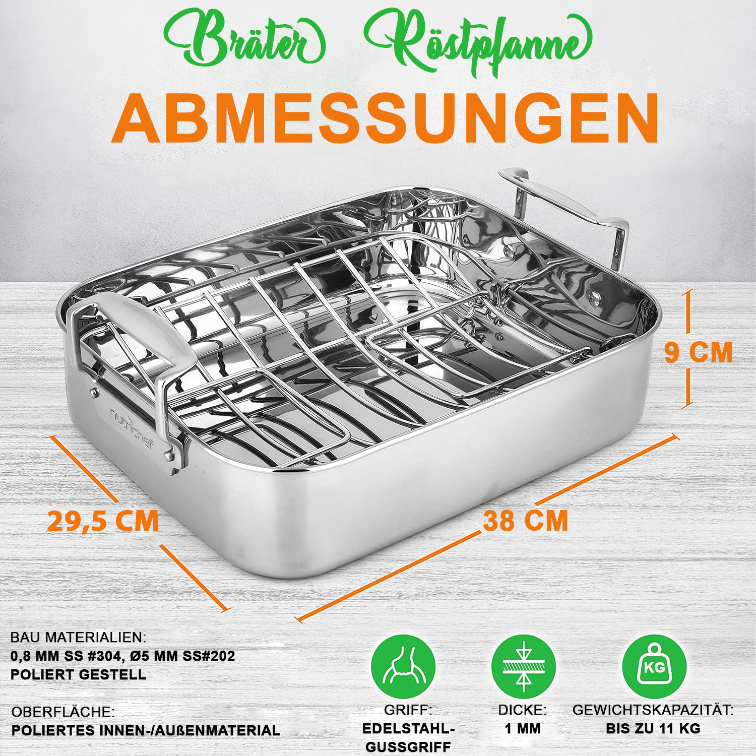 Eine glänzende Edelstahl-Bratpfanne mit Maßen: 29,5 cm, 38 cm und 9 cm.
