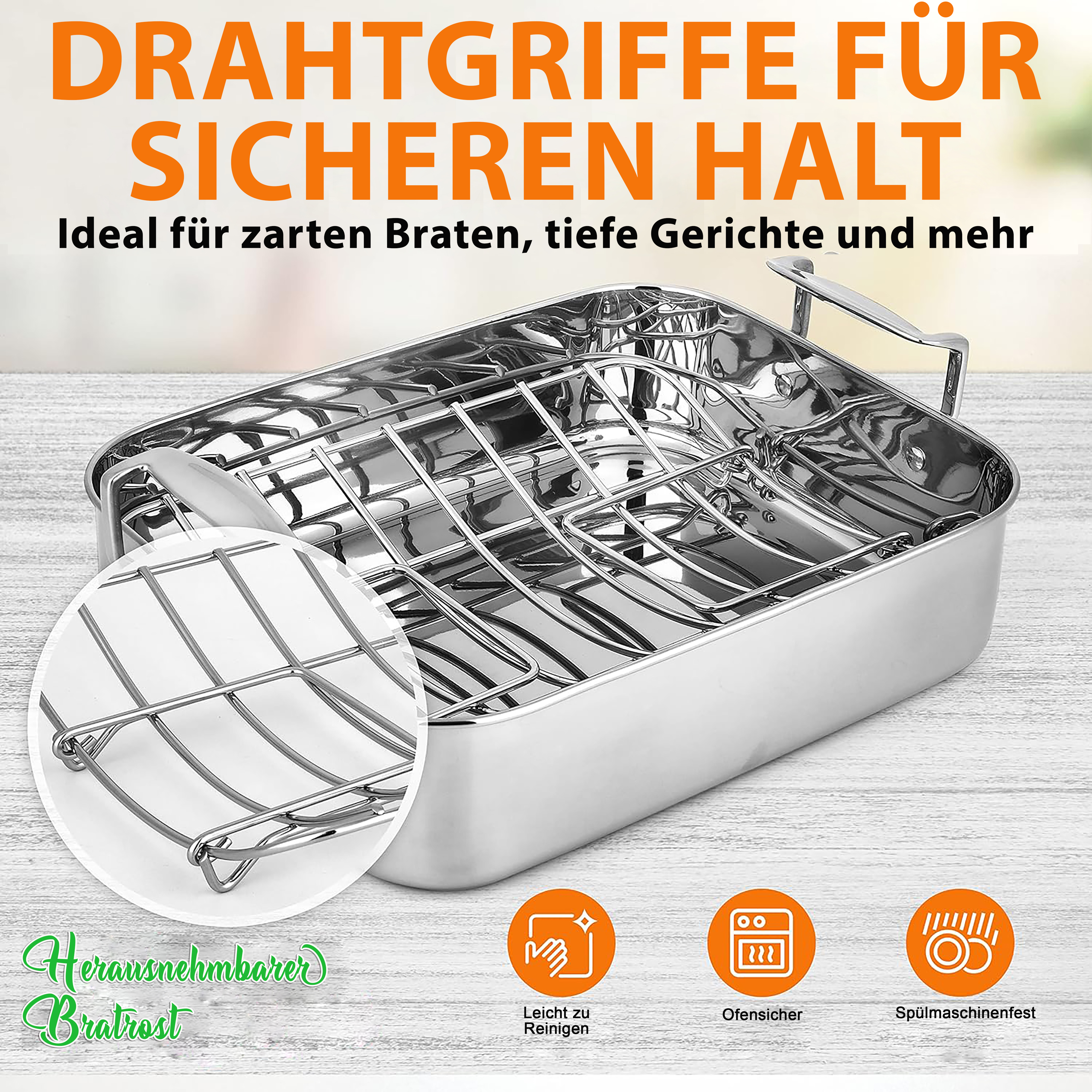 Edelstahl-Bratrost mit herausnehmbarem Rost, ideal für Braten.