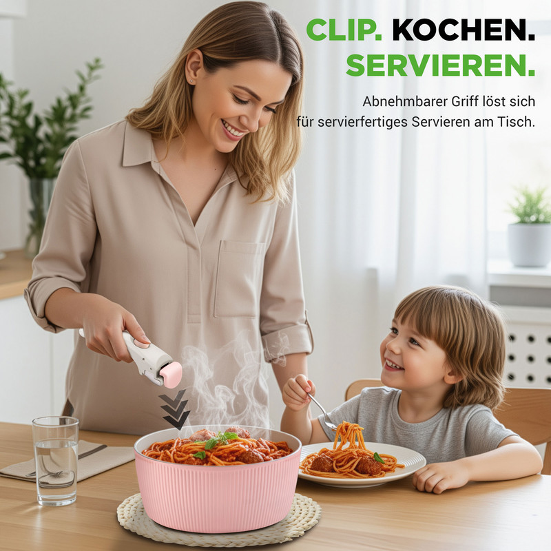 Frau und Kind essen Spaghetti. Ein Griff löst sich von einem Topf.