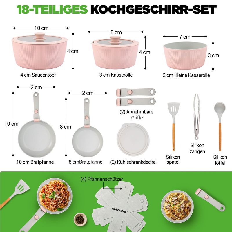 Ein 18-teiliges Kochgeschirr-Set mit Töpfen, Pfannen, Griffen, Deckel, Zangen und Spatel.