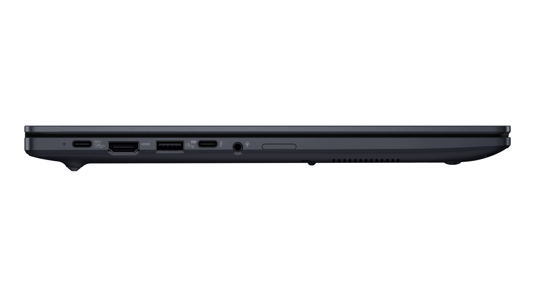 Lato di un laptop nero con porte: USB-C, HDMI, USB-A, jack cuffie.