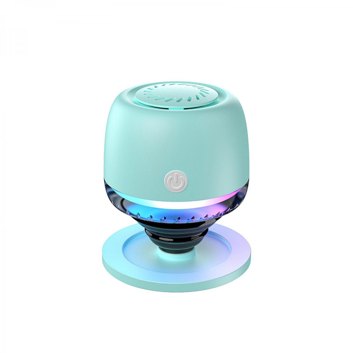 Ein tealfarbener Luftbefeuchter mit Ein-/Aus-Taste und bunten LEDs auf passender Basis.