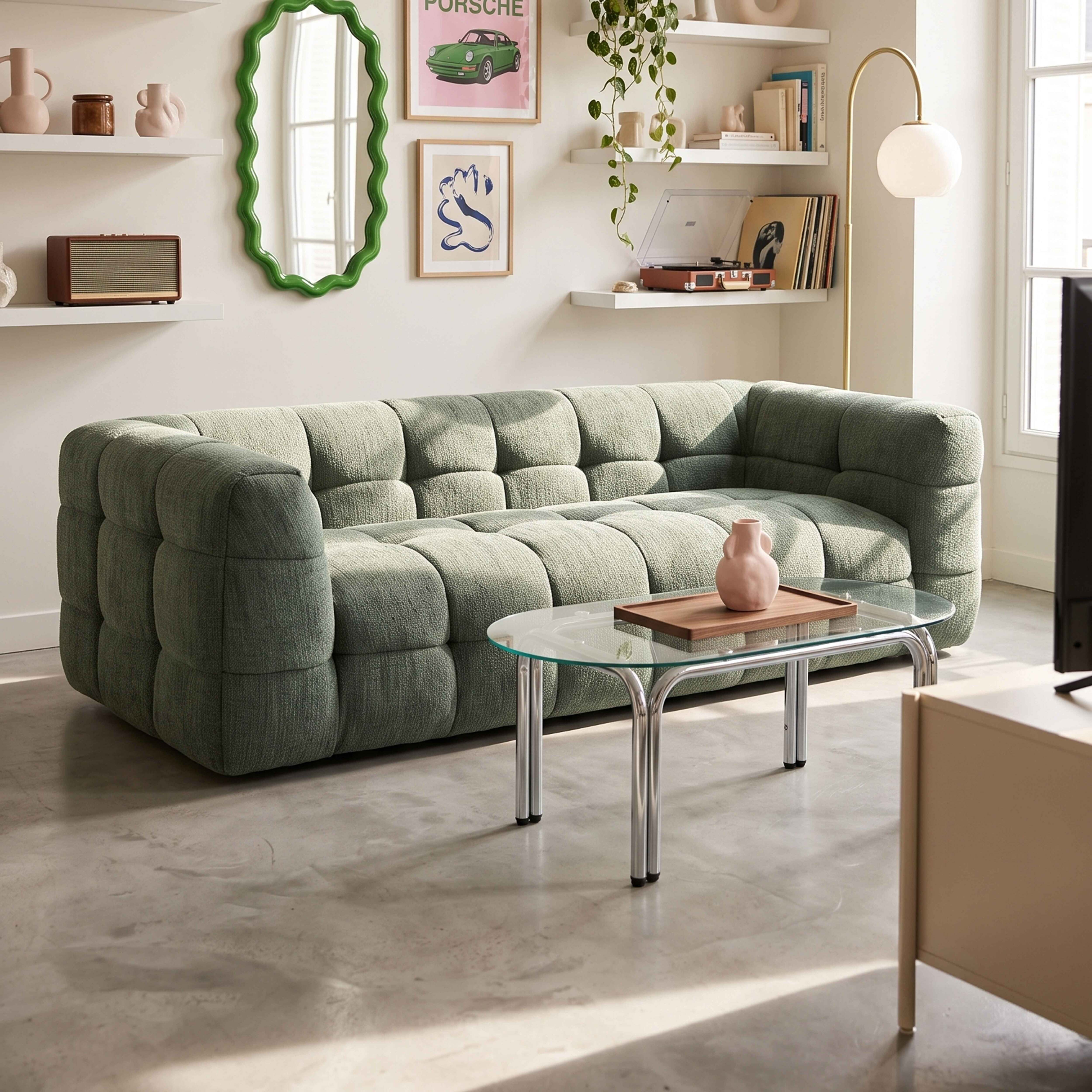 Ein grünes Sofa mit einem Glastisch und einer Vase. Ein Spiegel und Bilder hängen an der Wand.