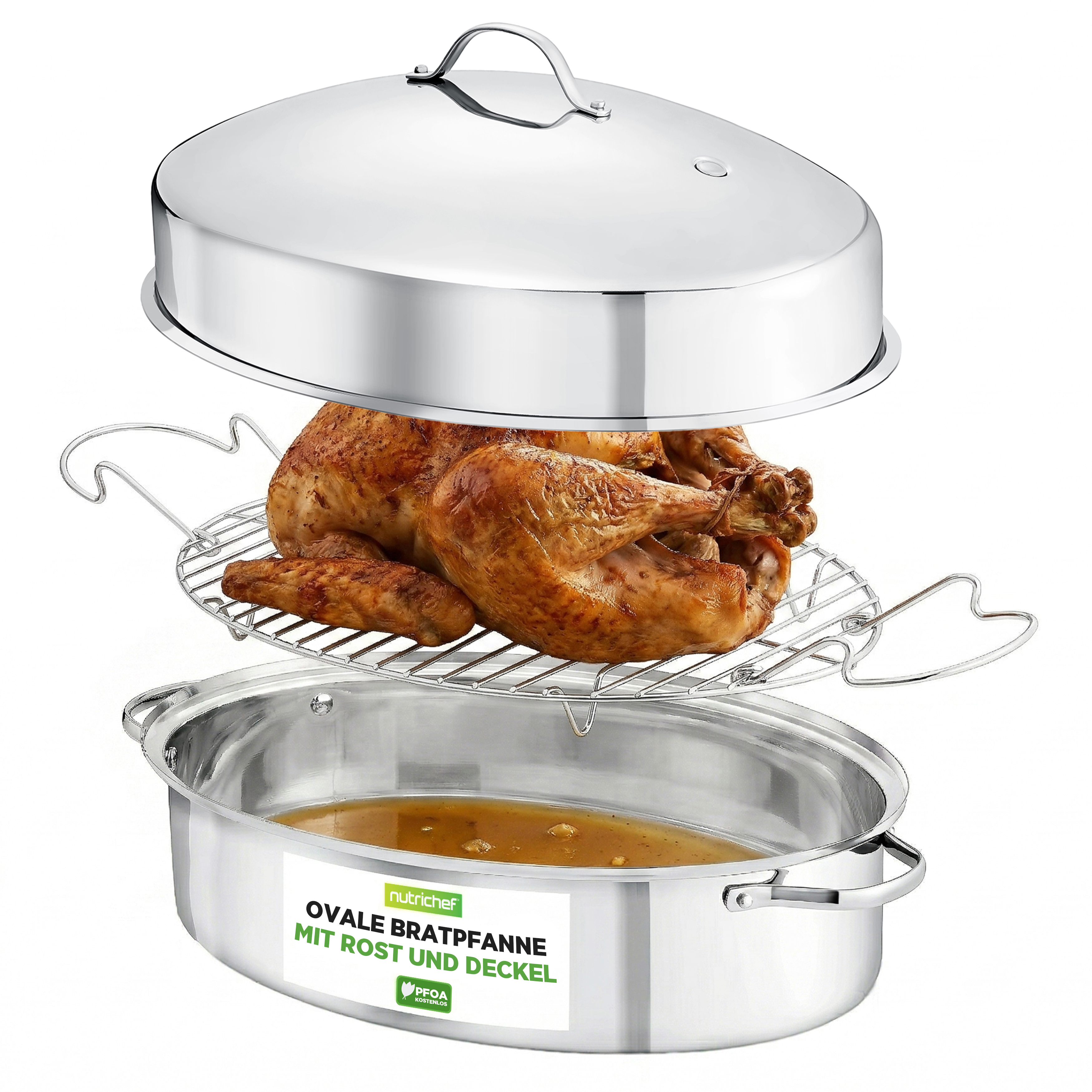Ovaler Bräter aus Edelstahl mit gebratenem Huhn auf einem Rost und Deckel.
