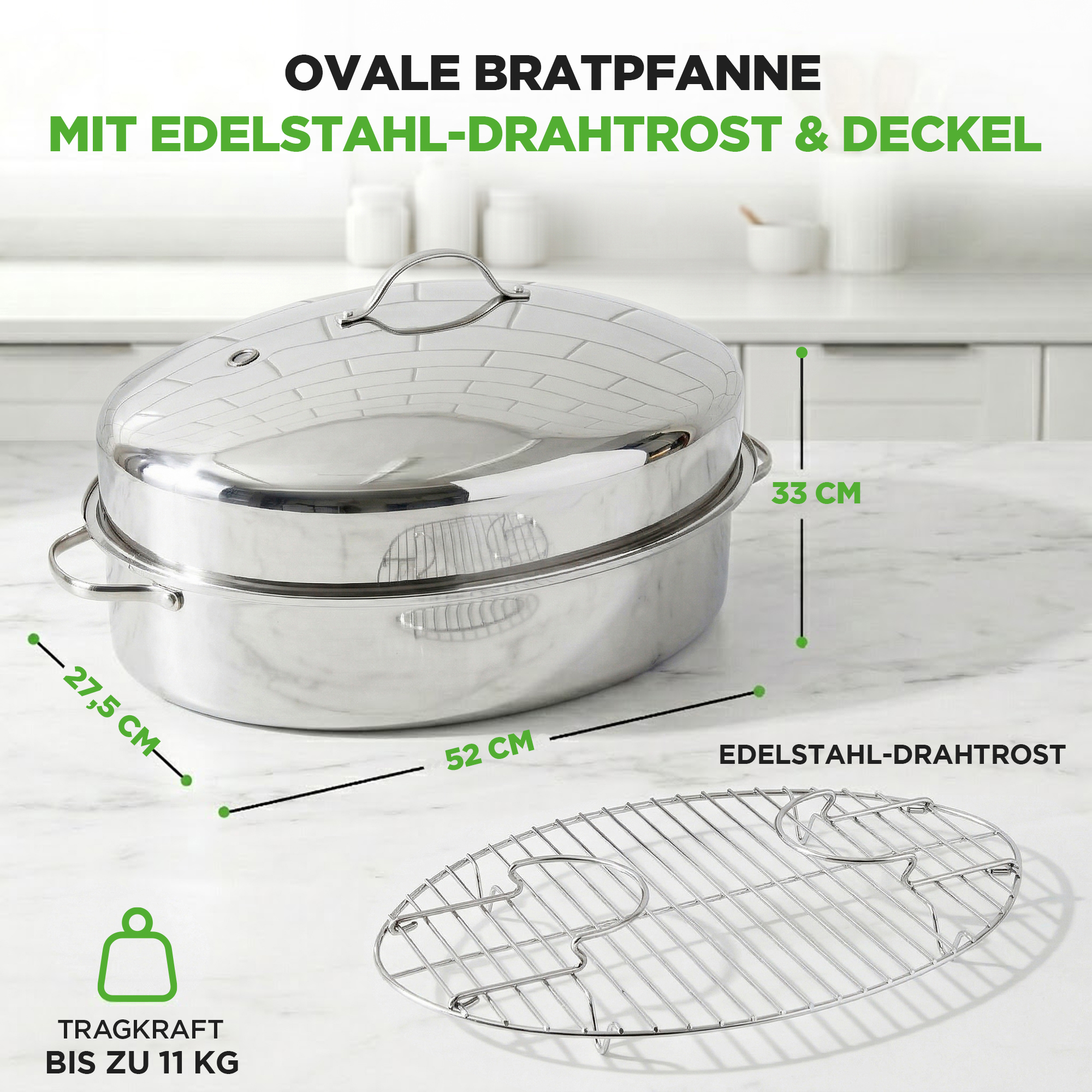 Edelstahl-Bräter mit Deckel und Grillrost, 52x27.5x33 cm, 11 kg Tragkraft.