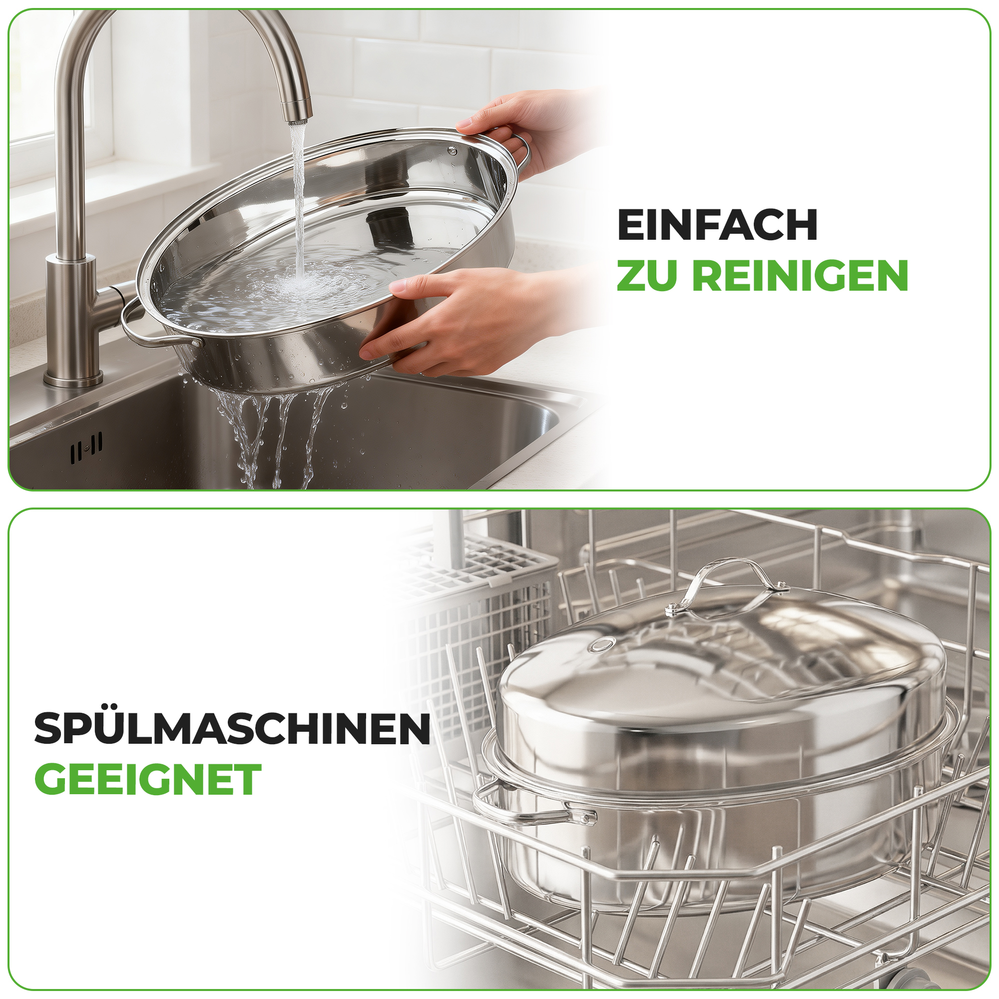 Edelstahltopf wird unter fließendem Wasser gereinigt und in einem Geschirrspüler platziert.
